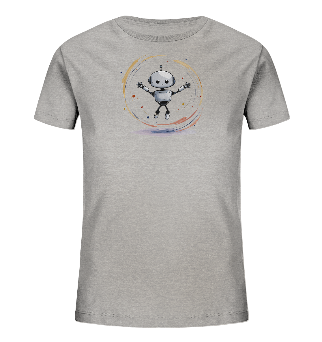 Onlineshop Shirts für Kinder - Das Bild zeigt ein graues Kinder-T-Shirt aus Bio-Baumwolle, das auf der Vorderseite ein farbiges Druckmotiv präsentiert. Das Motiv stellt einen freundlichen, cartoonhaften Roboter dar, der mit ausgestreckten Armen springt oder schwebt. Um den Roboter ist ein stilisierter, wirbelartiger Kreis in verschiedenen Farben wie Orange, Blau und Gelb zu sehen, der von kleinen Farbpunkten umgeben ist. Das gesamte Design wirkt fröhlich und dynamisch, passend für Kindermode.