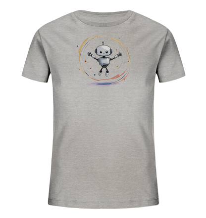 Onlineshop Shirts für Kinder - Das Bild zeigt ein graues Kinder-T-Shirt aus Bio-Baumwolle, das auf der Vorderseite ein farbiges Druckmotiv präsentiert. Das Motiv stellt einen freundlichen, cartoonhaften Roboter dar, der mit ausgestreckten Armen springt oder schwebt. Um den Roboter ist ein stilisierter, wirbelartiger Kreis in verschiedenen Farben wie Orange, Blau und Gelb zu sehen, der von kleinen Farbpunkten umgeben ist. Das gesamte Design wirkt fröhlich und dynamisch, passend für Kindermode.