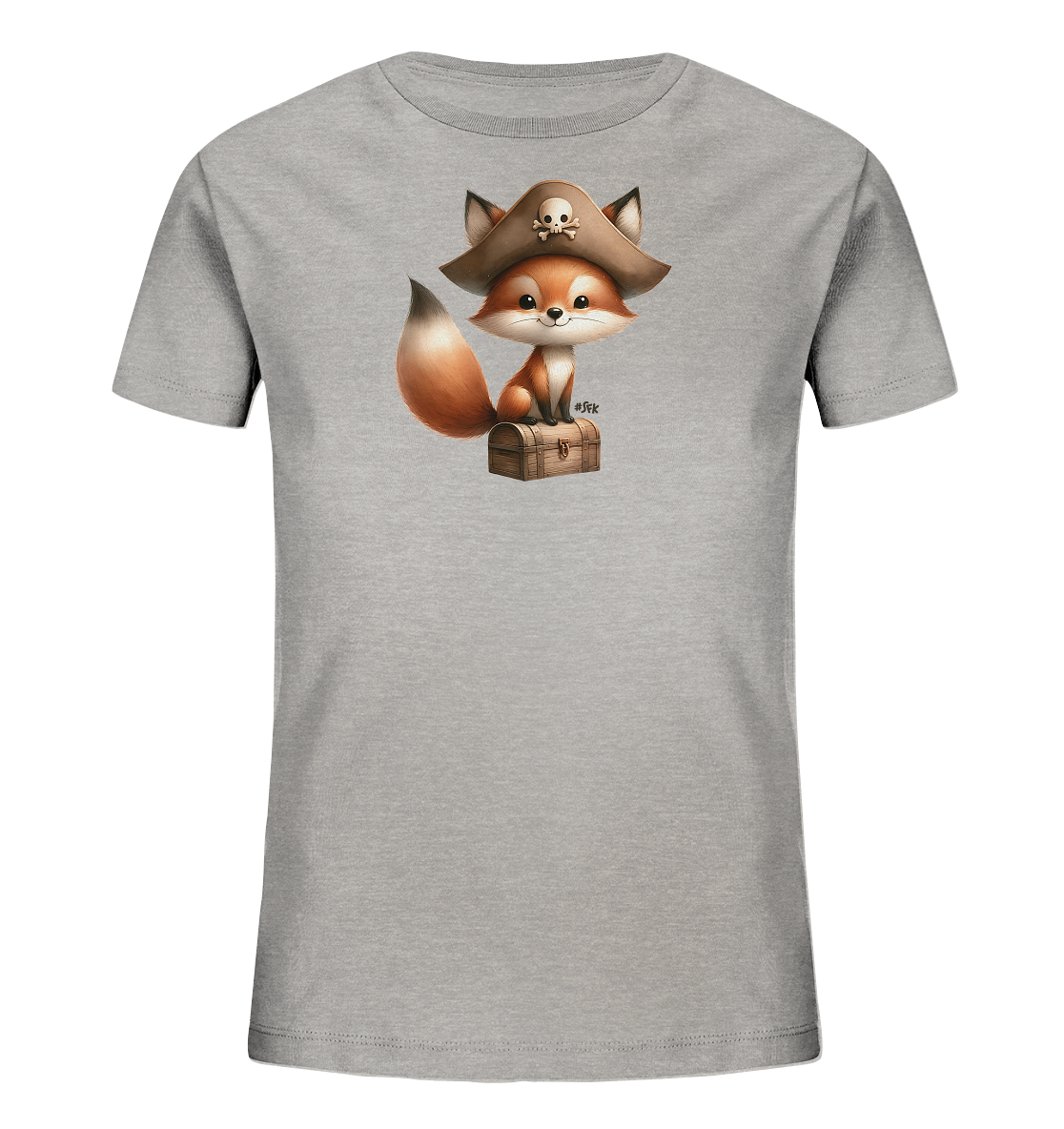 Onlineshop Shirts fuer Kinder - Das Bild zeigt ein hellgraues Kinder-T-Shirt mit einem niedlichen Aufdruck eines Fuchses. Der Fuchs traegt einen braunen Piratenhut mit Totenkopf und sitzt auf einer kleinen Schatztruhe. Das Design ist detailreich und wirkt sehr verspielt, ideal fuer kleine Abenteurer.