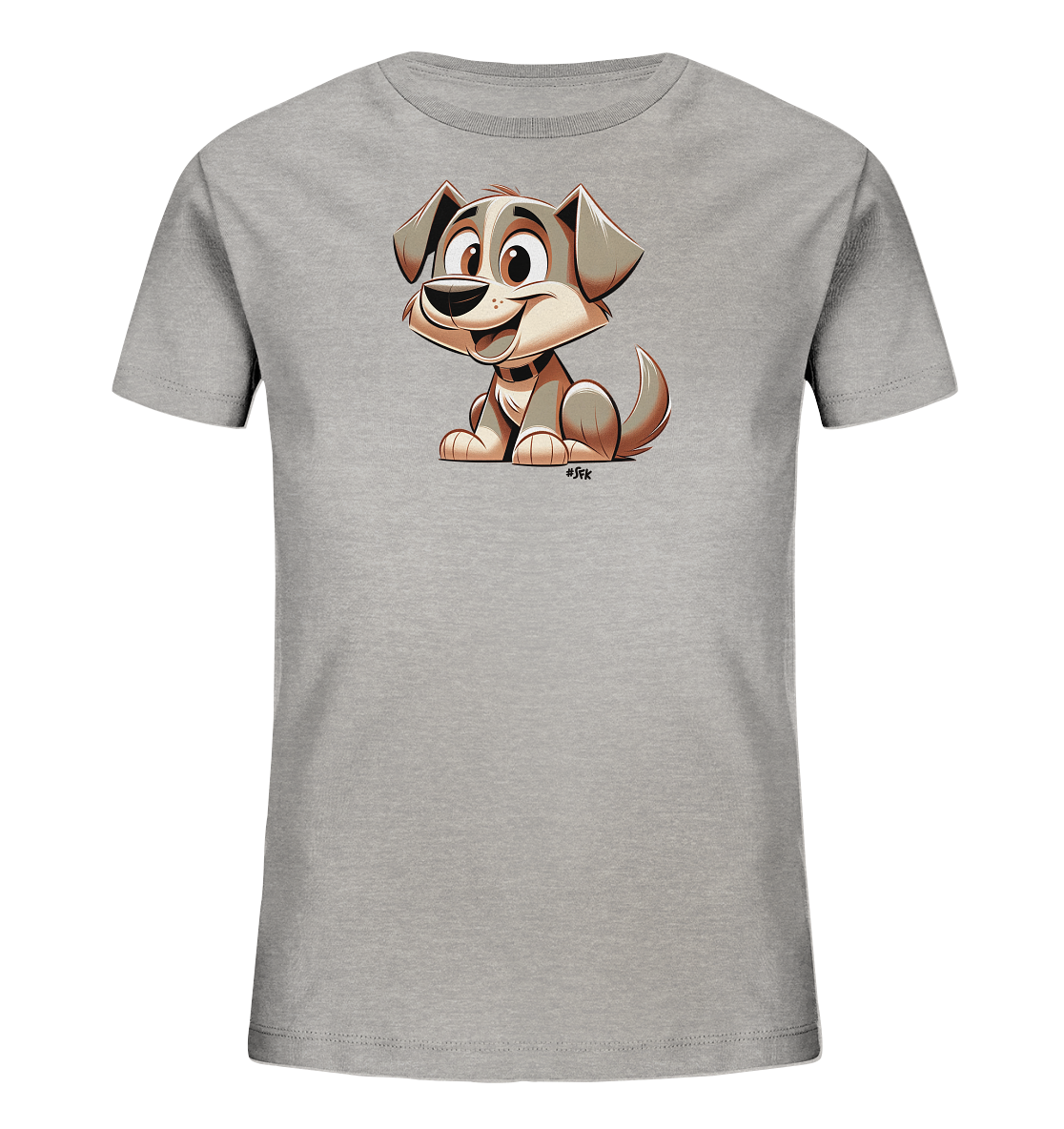 Onlineshop Shirts fuer Kinder - Dieses T-Shirt fuer Kinder ist in einem hellen Grauton gehalten. Es ziert eine lebendige Cartoon-Grafik eines sitzenden Hundes. Der Hund hat grosse Augen und ein breites Grinsen, was ihm ein froehliches Aussehen verleiht.