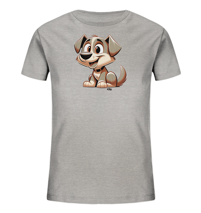 Onlineshop Shirts fuer Kinder - Dieses T-Shirt fuer Kinder ist in einem hellen Grauton gehalten. Es ziert eine lebendige Cartoon-Grafik eines sitzenden Hundes. Der Hund hat grosse Augen und ein breites Grinsen, was ihm ein froehliches Aussehen verleiht.