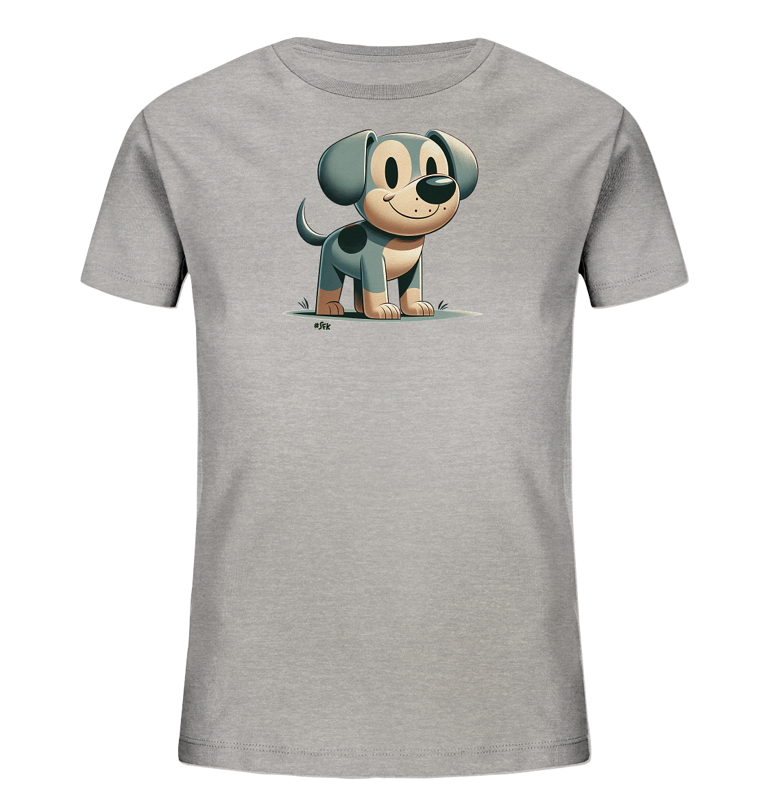 Onlineshop Shirts fuer Kinder - Das Bild zeigt ein graues Kinder-T-Shirt mit einer cartoonhaften Darstellung eines Hundes. Der Hund steht auf einer stilisierten gruenen Flaeche, hat grosse Augen und ein freundliches Laecheln. Das Design umfasst den Hund in grau und beige mit einem dunklen Fleck auf dem Ruecken. Es ist ein einfaches und ansprechendes Motiv fuer Kinderkleidung.