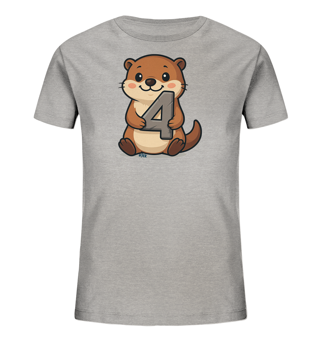 Onlineshop Shirts fuer Kinder - Das Bild zeigt ein graues Kinder-T-Shirt mit einem niedlichen Cartoon-Otter auf der Vorderseite. Der Otter sitzt und haelt die Zahl '4' in seinen Pfoten. Das Design wirkt freundlich und spielerisch, mit weichen Farben und einer klaren Darstellung des Tieres.