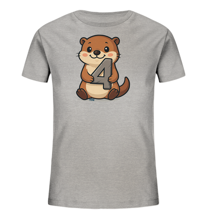 Onlineshop Shirts fuer Kinder - Das Bild zeigt ein graues Kinder-T-Shirt mit einem niedlichen Cartoon-Otter auf der Vorderseite. Der Otter sitzt und haelt die Zahl '4' in seinen Pfoten. Das Design wirkt freundlich und spielerisch, mit weichen Farben und einer klaren Darstellung des Tieres.