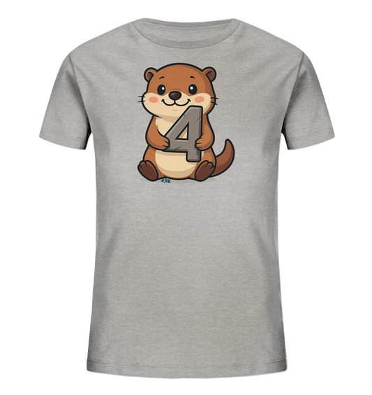 Onlineshop Shirts fuer Kinder - Das Bild zeigt ein graues Kinder-T-Shirt mit einem niedlichen Cartoon-Otter auf der Vorderseite. Der Otter sitzt und haelt die Zahl '4' in seinen Pfoten. Das Design wirkt freundlich und spielerisch, mit weichen Farben und einer klaren Darstellung des Tieres.