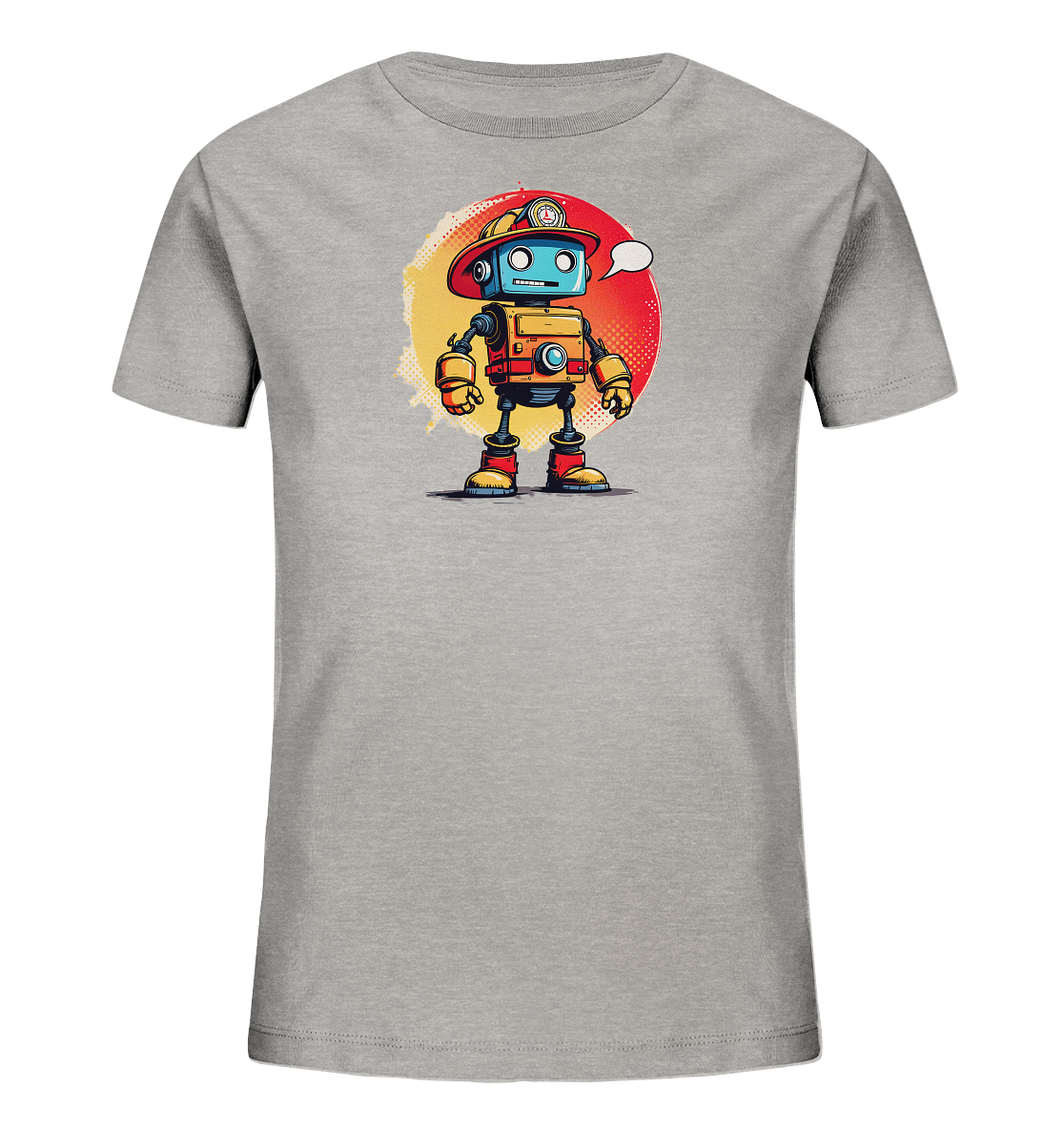 Onlineshop Shirts für Kinder - Das Bild zeigt ein graues T-Shirt für Kinder mit einem farbenfrohen Aufdruck auf der Vorderseite. Zu sehen ist ein freundlich aussehender Cartoon-Roboter, der einen roten Feuerwehrhelm und gelbe Stiefel trägt. Der Roboter steht vor einem runden Hintergrund mit einem Farbverlauf von Gelb zu Rot, der strukturiert wirkt. Über dem Kopf des Roboters befindet sich eine leere Sprechblase, die dem Design eine interaktive Note verleiht.