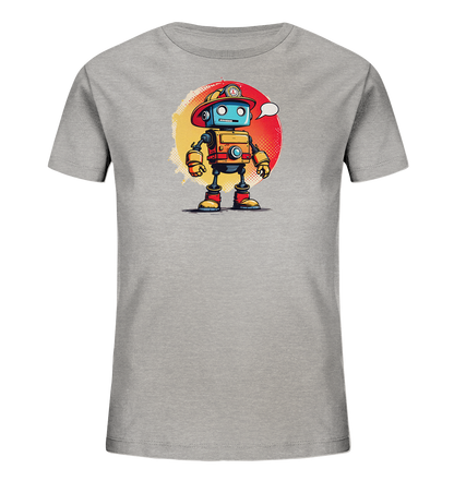 Onlineshop Shirts für Kinder - Das Bild zeigt ein graues T-Shirt für Kinder mit einem farbenfrohen Aufdruck auf der Vorderseite. Zu sehen ist ein freundlich aussehender Cartoon-Roboter, der einen roten Feuerwehrhelm und gelbe Stiefel trägt. Der Roboter steht vor einem runden Hintergrund mit einem Farbverlauf von Gelb zu Rot, der strukturiert wirkt. Über dem Kopf des Roboters befindet sich eine leere Sprechblase, die dem Design eine interaktive Note verleiht.