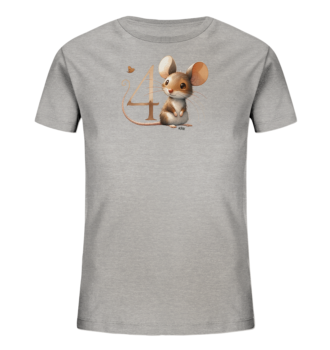 Onlineshop Shirts fuer Kinder - Das Bild zeigt ein hellgraues T-Shirt mit einem niedlichen Motiv fuer Kinder. Auf der Vorderseite ist eine charmante, cartoonartige Maus abgebildet, die neben der grossen Zahl '4' sitzt. Über der Zahl schwebt eine kleine Schmetterlingsgrafik im gleichen Farbton. Dieses Design wirkt verspielt und ansprechend.