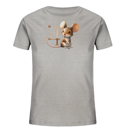 Onlineshop Shirts fuer Kinder - Das Bild zeigt ein hellgraues T-Shirt mit einem niedlichen Motiv fuer Kinder. Auf der Vorderseite ist eine charmante, cartoonartige Maus abgebildet, die neben der grossen Zahl '4' sitzt. Über der Zahl schwebt eine kleine Schmetterlingsgrafik im gleichen Farbton. Dieses Design wirkt verspielt und ansprechend.