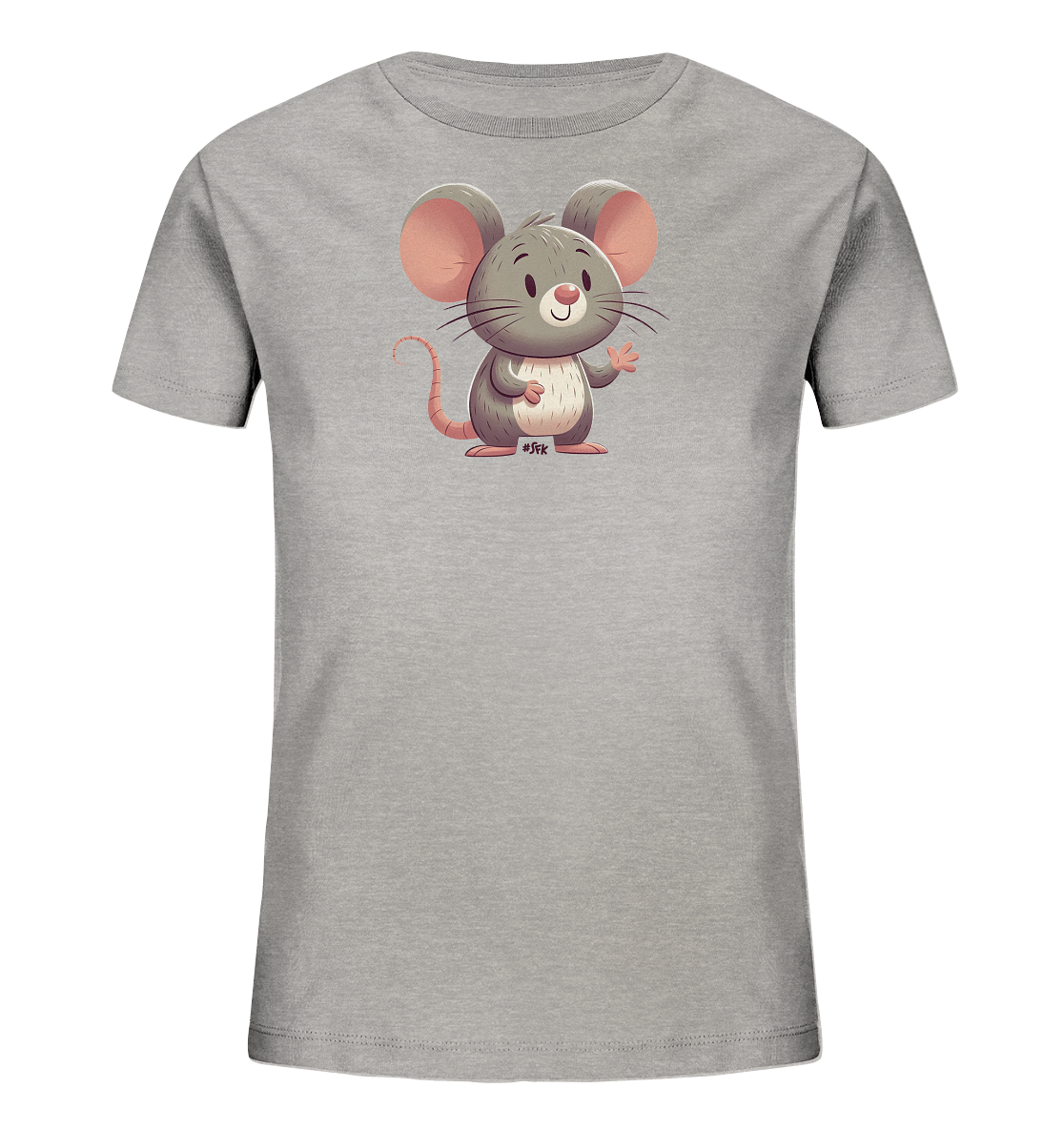 Onlineshop Shirts für Kinder - Das Bild präsentiert ein graues Kinder-T-Shirt mit einem aufgedruckten Motiv einer niedlichen Maus. Die Maus hat graues Fell, auffällige rosa Ohren und einen freundlichen Gesichtsausdruck. Sie ist stehend dargestellt und winkt mit einer Pfote, was dem Design eine lebhafte Note verleiht. Unterhalb des Motivs befindet sich diskret der Schriftzug "#JFK".
