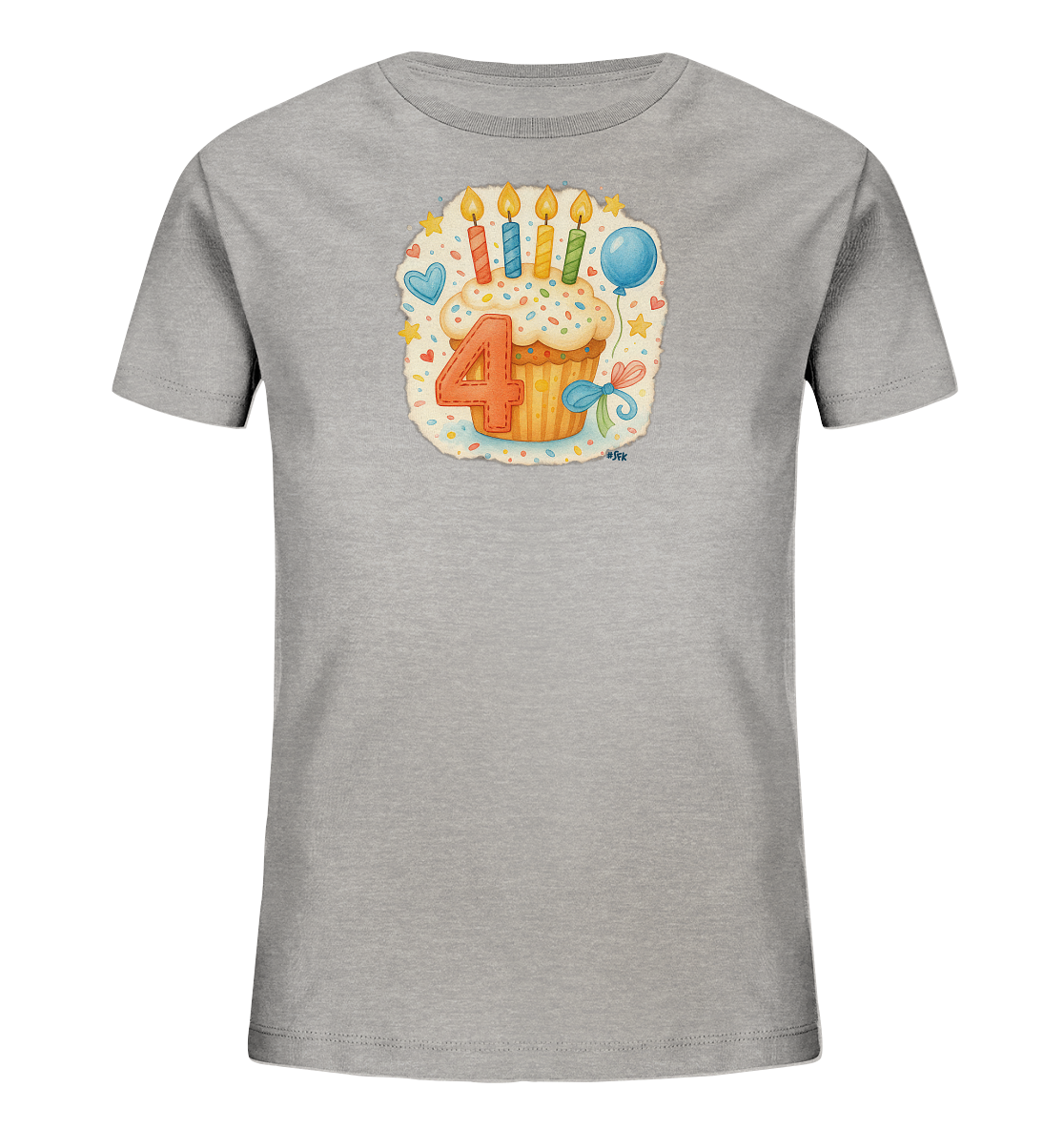 Onlineshop Shirts fuer Kinder - Das Bild zeigt ein hellgraues T-Shirt fuer Kinder. Auf der Vorderseite ist eine Illustration eines Cupcakes mit vier brennenden Kerzen und der grossen Zahl '4' darauf. Sterne, Herzen und ein Ballon umgeben den Cupcake. Das Design hat einen froehlichen Geburtstagslook.