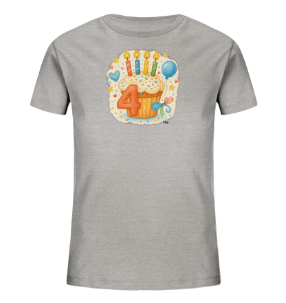 Onlineshop Shirts fuer Kinder - Das Bild zeigt ein hellgraues T-Shirt fuer Kinder. Auf der Vorderseite ist eine Illustration eines Cupcakes mit vier brennenden Kerzen und der grossen Zahl '4' darauf. Sterne, Herzen und ein Ballon umgeben den Cupcake. Das Design hat einen froehlichen Geburtstagslook.