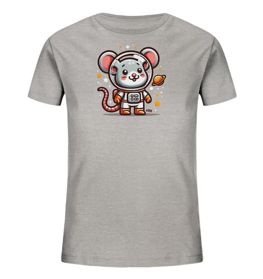 Onlineshop Shirts fuer Kinder - Das Bild zeigt ein graues Kinder-T-Shirt mit einem niedlichen Aufdruck. Das Motiv ist eine cartoonhafte Maus in einem Astronautenanzug. Sie haelt einen kleinen Planeten in der Hand und ist von Sternen umgeben. Das Design ist verspielt und thematisiert das Weltall.