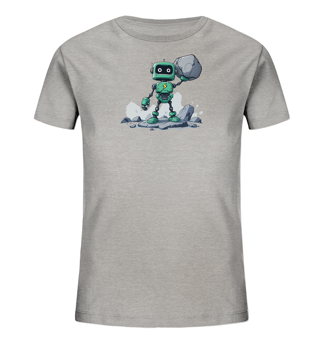 Onlineshop Shirts für Kinder - Das Bild zeigt ein graues Kinder-T-Shirt, auf dessen Vorderseite eine Grafik eines grünen Roboters zu sehen ist. Der Roboter steht auf felsigem Untergrund und hält einen großen grauen Stein über seinem Kopf. Er hat große, runde Augen und eine Blitz-Symbol auf der Brust. Das Motiv ist im Comic-Stil gehalten und wirkt verspielt und energiegeladen.