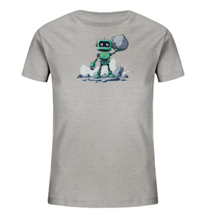 Onlineshop Shirts für Kinder - Das Bild zeigt ein graues Kinder-T-Shirt, auf dessen Vorderseite eine Grafik eines grünen Roboters zu sehen ist. Der Roboter steht auf felsigem Untergrund und hält einen großen grauen Stein über seinem Kopf. Er hat große, runde Augen und eine Blitz-Symbol auf der Brust. Das Motiv ist im Comic-Stil gehalten und wirkt verspielt und energiegeladen.