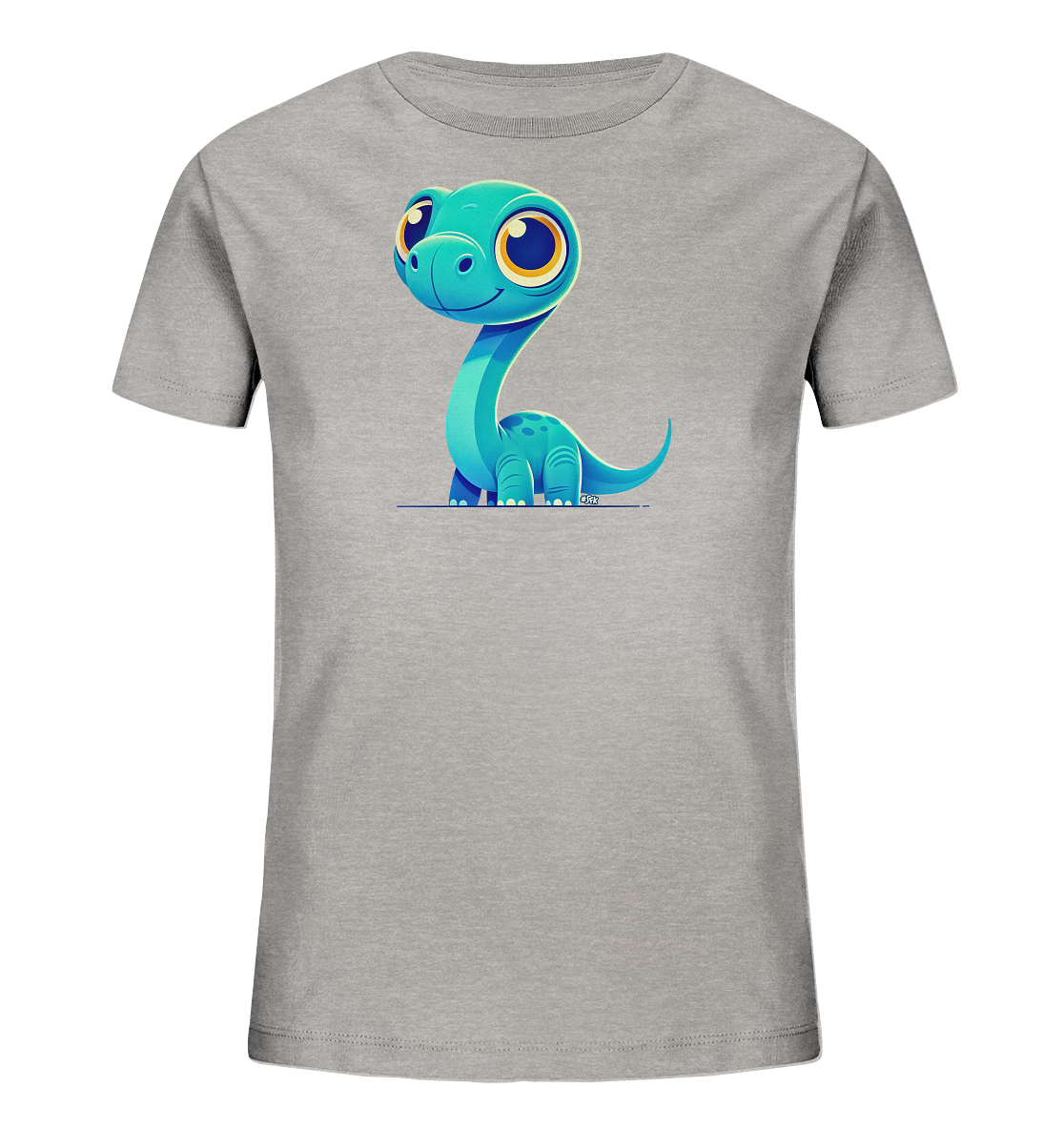 Onlineshop Shirts für Kinder - Das Bild zeigt ein graues Kinder-T-Shirt mit einem großen, farbigen Druck auf der Vorderseite. Das Motiv stellt einen niedlichen, cartoonartigen Dinosaurier dar, der in einer hellblauen bis türkisen Farbe gehalten ist. Der Dinosaurier hat große, runde Augen mit gelben Pupillen und sitzt in einer aufrechten Position. Dieses Design ist verspielt und ansprechend für Kinder und verleiht dem schlichten grauen Shirt einen fröhlichen Look.