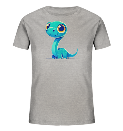 Onlineshop Shirts für Kinder - Das Bild zeigt ein graues Kinder-T-Shirt mit einem großen, farbigen Druck auf der Vorderseite. Das Motiv stellt einen niedlichen, cartoonartigen Dinosaurier dar, der in einer hellblauen bis türkisen Farbe gehalten ist. Der Dinosaurier hat große, runde Augen mit gelben Pupillen und sitzt in einer aufrechten Position. Dieses Design ist verspielt und ansprechend für Kinder und verleiht dem schlichten grauen Shirt einen fröhlichen Look.