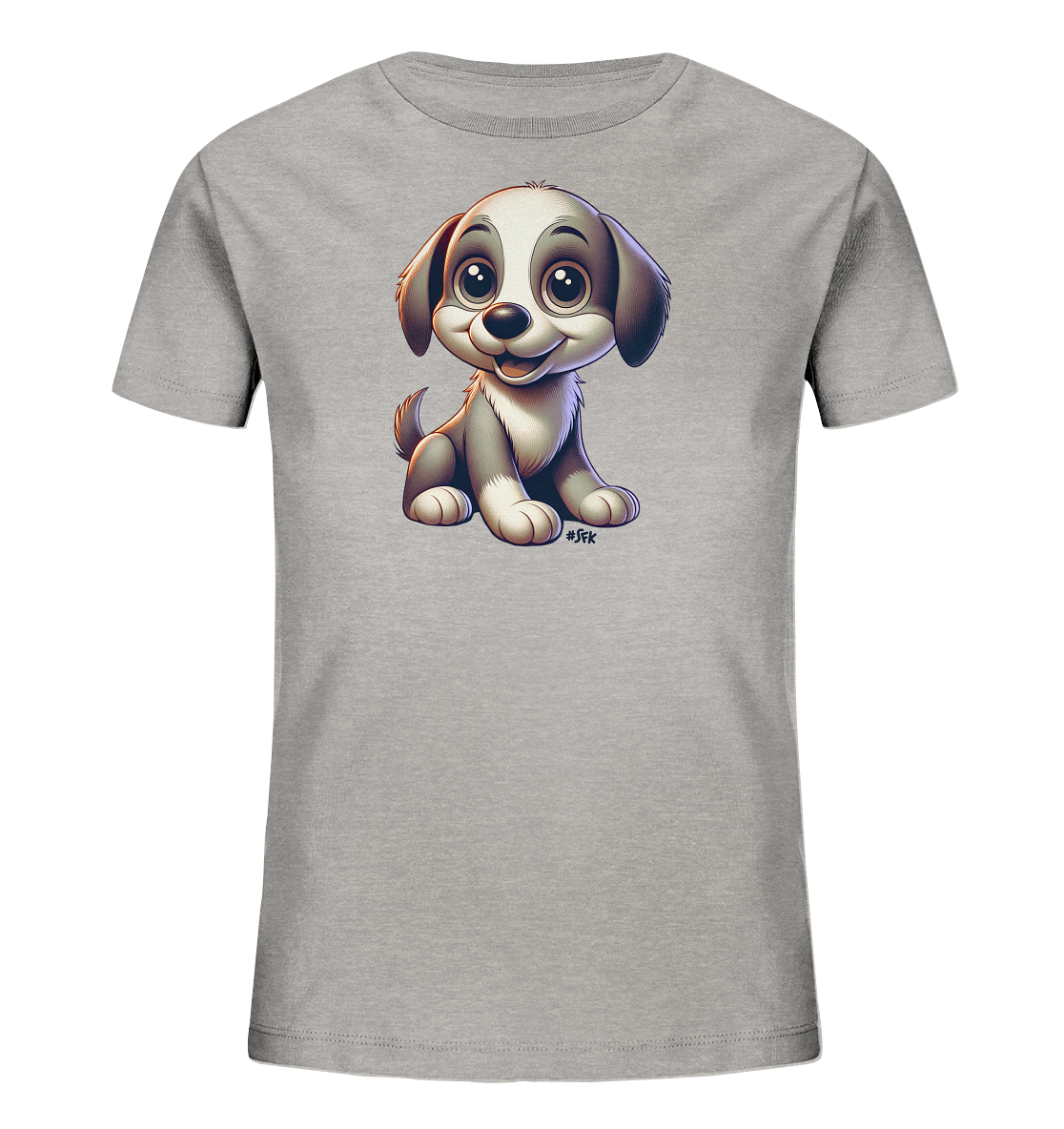 Onlineshop Shirts fuer Kinder - Das Bild zeigt ein graues Kinder-T-Shirt mit einer grossen Grafik auf der Vorderseite. Die Grafik stellt einen cartoonhaften, niedlichen Welpen dar, der aufrecht sitzt. Der Welpe hat grosse Augen, eine froehliche Schnauze und ist in Grautoenen mit weissen Akzenten gehalten. Das Design ist verspielt und kinderfreundlich.