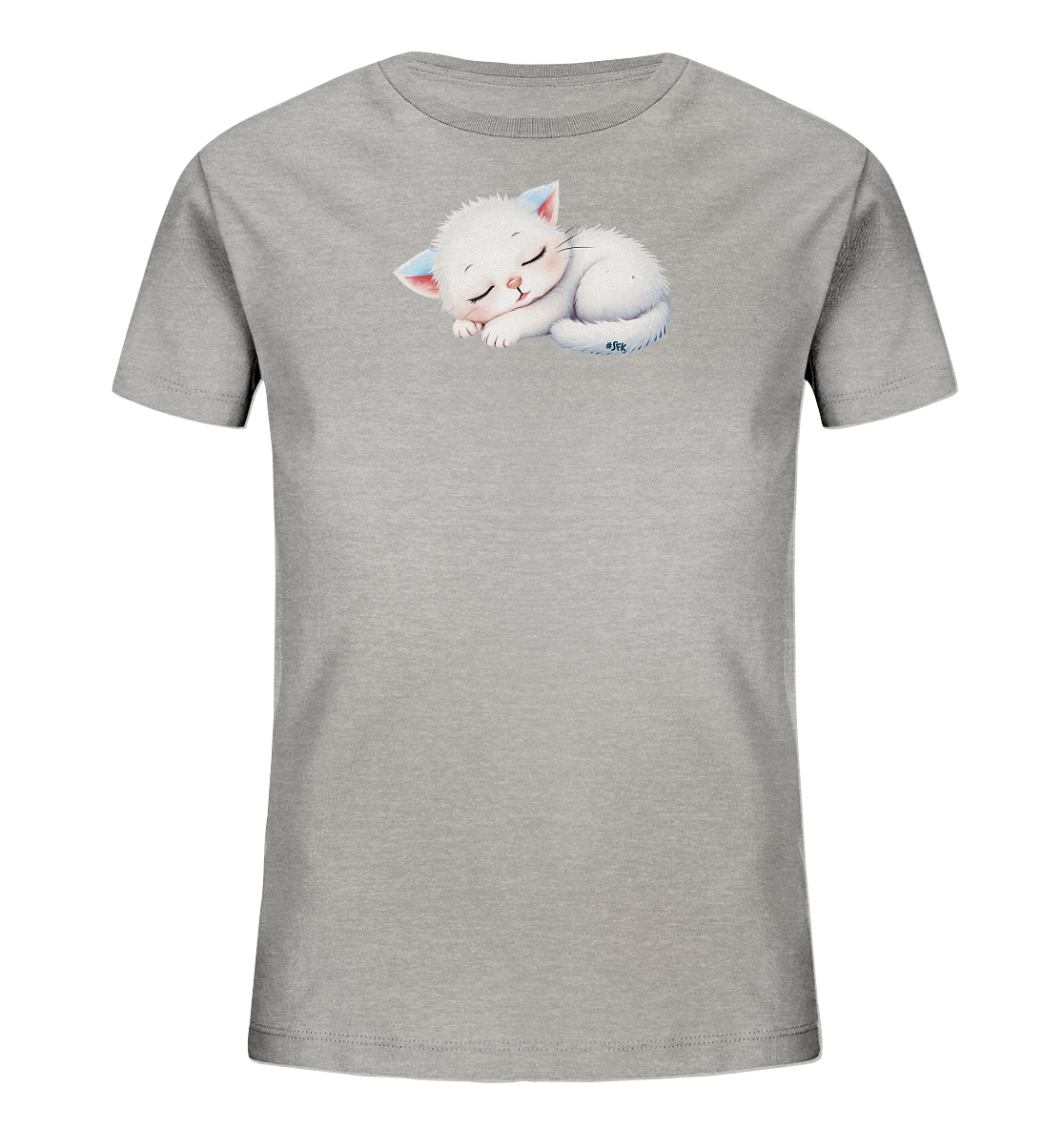 Onlineshop Shirts fuer Kinder - Das Bild zeigt ein graues T-Shirt fuer Kinder, das mit einer friedlich schlafenden Katze verziert ist. Das weisse Kaetzchen ist zusammengerollt dargestellt, mit geschlossenen Augen und einem sanften Ausdruck. Seine Ohren und der Schwanz weisen leichte blaue Akzente auf. Das Design vermittelt einen ruhigen und niedlichen Eindruck.