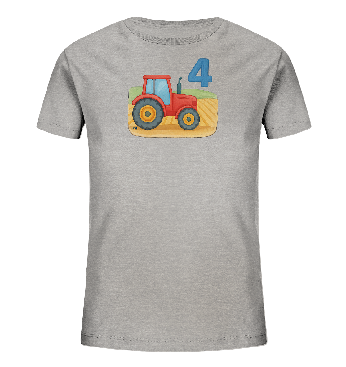 Onlineshop Shirts fuer Kinder - Das Bild zeigt ein graues Kinder-T-Shirt mit einem farbigen Motiv auf der Vorderseite. Dargestellt ist ein roter Traktor auf einem Feld mit gruenen Huegeln im Hintergrund. Über dem Traktor befindet sich eine grosse, blaue Zahl '4'. Das Design ist detailreich und kindgerecht gestaltet.