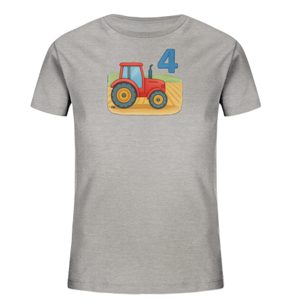 Onlineshop Shirts fuer Kinder - Das Bild zeigt ein graues Kinder-T-Shirt mit einem farbigen Motiv auf der Vorderseite. Dargestellt ist ein roter Traktor auf einem Feld mit gruenen Huegeln im Hintergrund. Über dem Traktor befindet sich eine grosse, blaue Zahl '4'. Das Design ist detailreich und kindgerecht gestaltet.