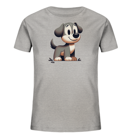 Onlineshop Shirts fuer Kinder - Das Bild zeigt ein hellgraues Kinder-T-Shirt, bedruckt mit einer freundlichen Cartoon-Darstellung eines Hundes. Der Hund hat dunkleres Fell, grosse, ausdrucksstarke Augen und ein breites Grinsen, waehrend er auf dem Boden sitzt. Das verspielte Design mit dem niedlichen Tier-Motiv ist ideal fuer junge Traeger.