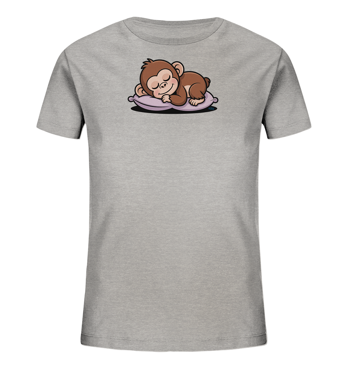 Onlineshop Shirts fuer Kinder - Das Bild zeigt ein hellgraues T-Shirt fuer Kinder. Im oberen Bereich der Vorderseite ist eine Grafik eines schlafenden, braunen Affen zu sehen. Der Affe liegt friedlich auf einem violettfarbenen Kissen, dargestellt in einem freundlichen Cartoon-Stil.