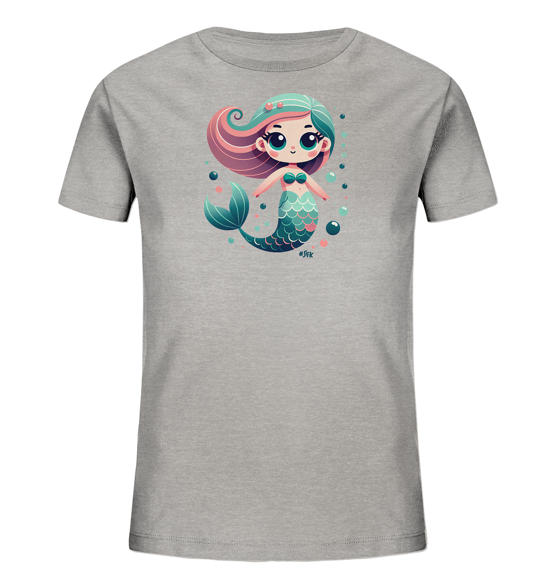 Onlineshop Shirts fuer Kinder - Das Bild zeigt ein graues T-Shirt mit einem farbigen Meerjungfrauen-Motiv. Die niedliche Meerjungfrau hat blau-rosafarbenes Haar und einen bunten Schwanz. Sie ist von Blasen umgeben und laechelt. Das verspielte Design ist ideal fuer Kinder.