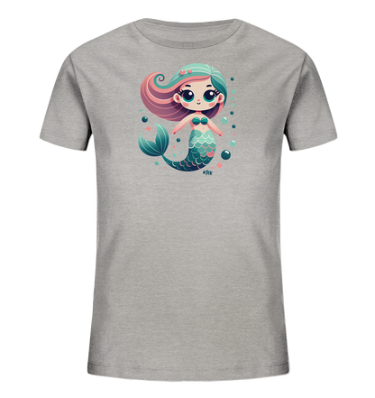 Onlineshop Shirts fuer Kinder - Das Bild zeigt ein graues T-Shirt mit einem farbigen Meerjungfrauen-Motiv. Die niedliche Meerjungfrau hat blau-rosafarbenes Haar und einen bunten Schwanz. Sie ist von Blasen umgeben und laechelt. Das verspielte Design ist ideal fuer Kinder.
