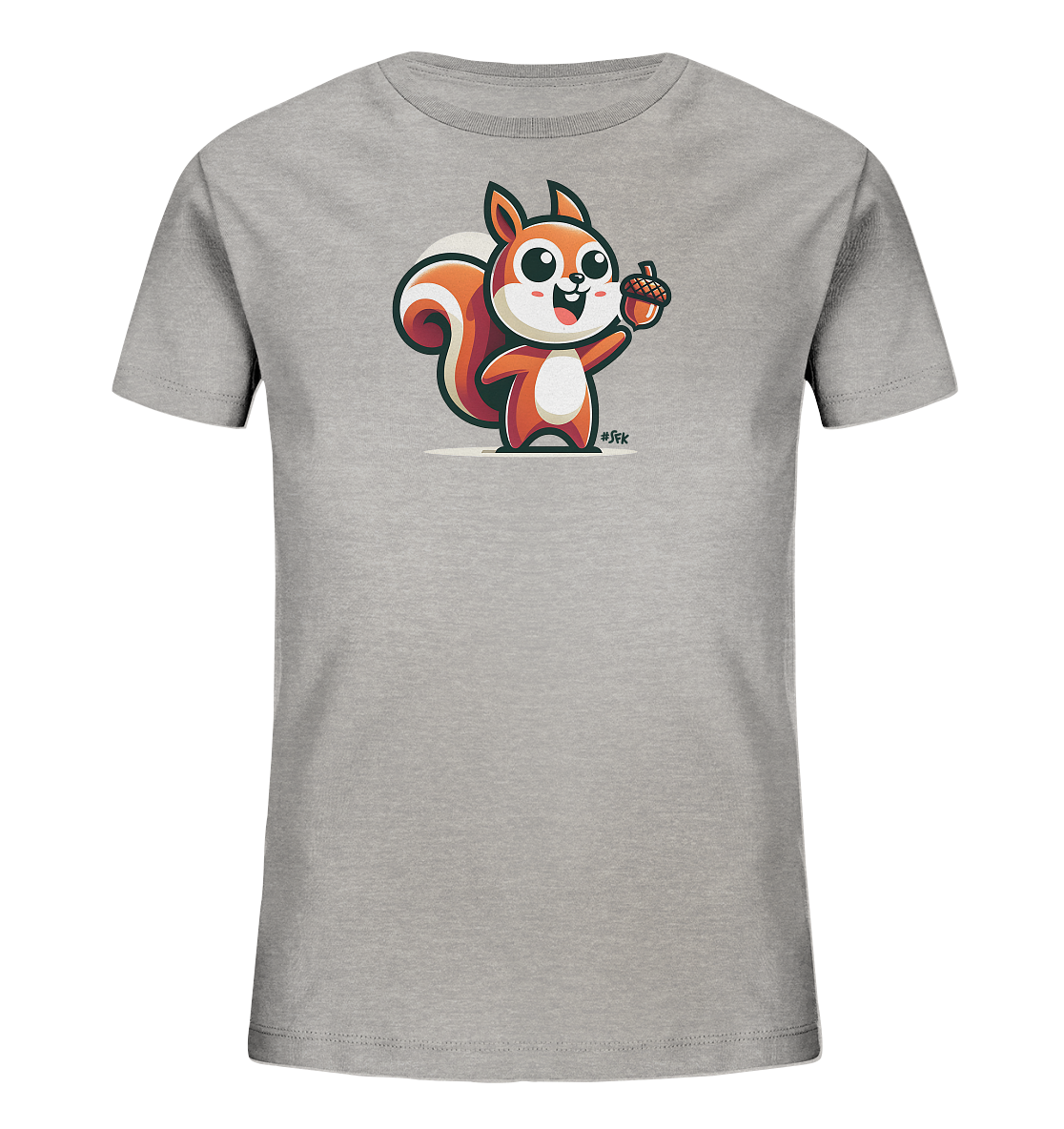 Onlineshop Shirts fuer Kinder - Das Bild zeigt ein graues T-Shirt mit einer niedlichen Eichhoernchen-Illustration auf der Vorderseite. Das orangefarbene Eichhoernchen hat grosse Augen und einen buschigen Schwanz. Es haelt eine Eichel und winkt freundlich in die Kamera. Die Darstellung ist farbenfroh und kinderfreundlich.