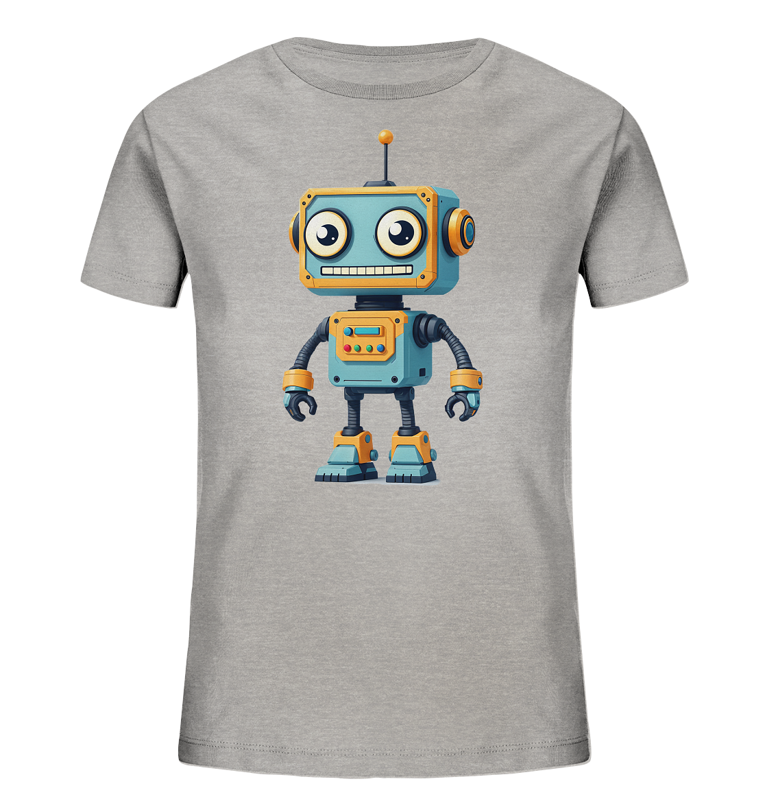 Onlineshop Shirts für Kinder - Das Bild präsentiert ein graues Kinder-T-Shirt, auf dessen Vorderseite ein bunter Roboter abgebildet ist. Der Roboter hat einen blauen Körper mit gelben und orangen Akzenten, große, ausdrucksstarke Augen und ein breites Lächeln. Er ist im Comic-Stil gestaltet und steht aufrecht mit seinen Roboterarmen. Eine kleine Antenne auf seinem Kopf sowie verschiedene Knöpfe und Lichter auf seiner Brust ergänzen das freundliche Aussehen.