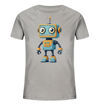 Onlineshop Shirts für Kinder - Das Bild präsentiert ein graues Kinder-T-Shirt, auf dessen Vorderseite ein bunter Roboter abgebildet ist. Der Roboter hat einen blauen Körper mit gelben und orangen Akzenten, große, ausdrucksstarke Augen und ein breites Lächeln. Er ist im Comic-Stil gestaltet und steht aufrecht mit seinen Roboterarmen. Eine kleine Antenne auf seinem Kopf sowie verschiedene Knöpfe und Lichter auf seiner Brust ergänzen das freundliche Aussehen.