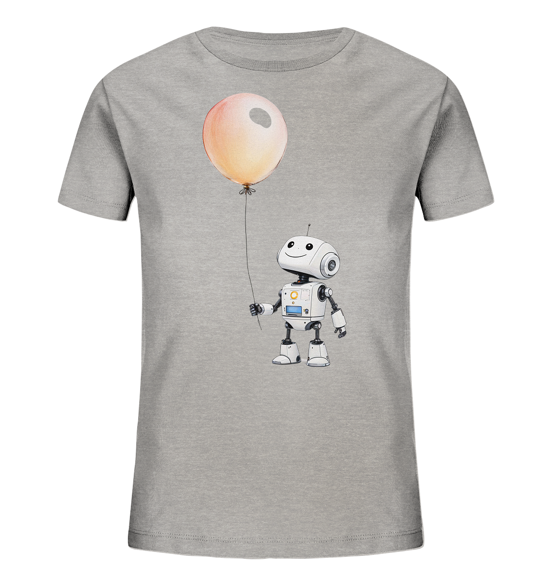 Onlineshop Shirts für Kinder - Das Bild zeigt ein graues T-Shirt für Kinder. Auf der Vorderseite ist eine Illustration eines kleinen, freundlichen Roboters zu sehen, der einen großen, orangefarbenen Ballon hält. Der Roboter ist weiß und hat ein lächelndes Gesicht mit einem großen Auge sowie einer Antenne. Die gesamte Grafik wirkt spielerisch und phantasievoll, ansprechend für Kinder.