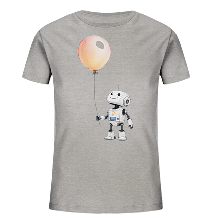 Onlineshop Shirts für Kinder - Das Bild zeigt ein graues T-Shirt für Kinder. Auf der Vorderseite ist eine Illustration eines kleinen, freundlichen Roboters zu sehen, der einen großen, orangefarbenen Ballon hält. Der Roboter ist weiß und hat ein lächelndes Gesicht mit einem großen Auge sowie einer Antenne. Die gesamte Grafik wirkt spielerisch und phantasievoll, ansprechend für Kinder.