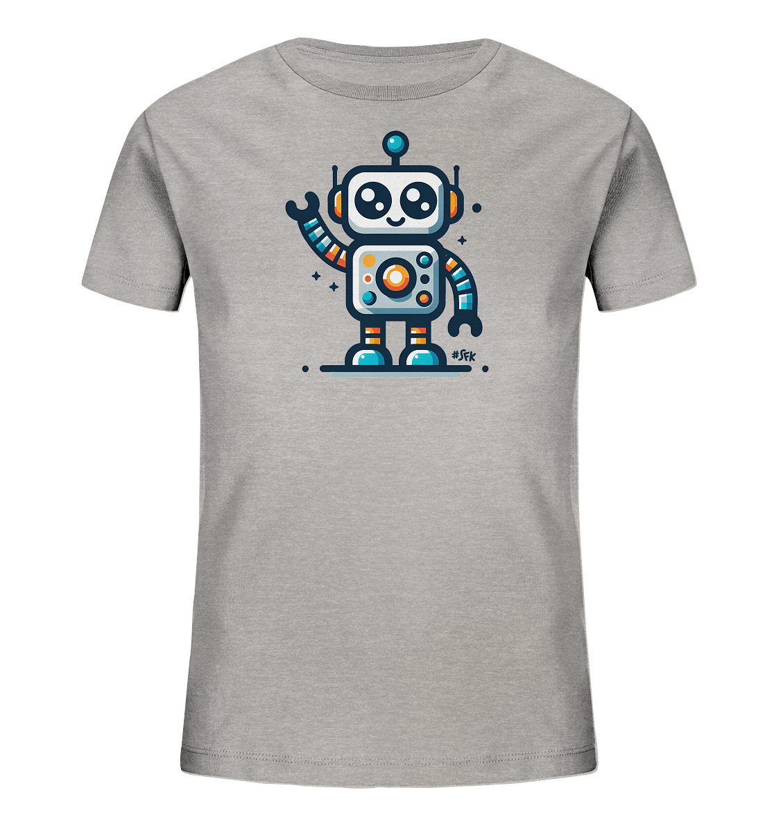Onlineshop Shirts fuer Kinder - Das Bild zeigt ein graues Kinder-T-Shirt. Auf der Vorderseite befindet sich eine farbenfrohe Illustration eines freundlichen Roboters. Der Roboter hat grosse Augen, Antennen und winkt mit einer Hand. Er ist mit orangefarbenen, blauen und tuerkisen Details verziert und steht auf einer Linie mit Sternen.