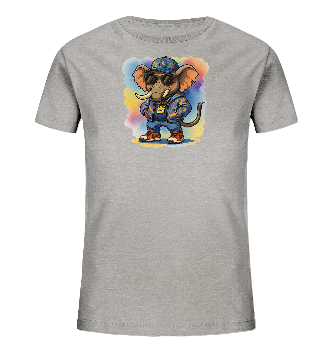 Onlineshop Shirts fuer Kinder - Das Bild zeigt ein hellgraues Kinder-T-Shirt mit einem farbenfrohen Elefantenmotiv auf der Vorderseite. Der Elefant traegt eine Muetze, Sonnenbrille, eine bunte Jacke und Jeans. Im Hintergrund befindet sich eine abstrakte Aquarellform in mehreren Pastellfarben. Das Design wirkt modern und ansprechend.