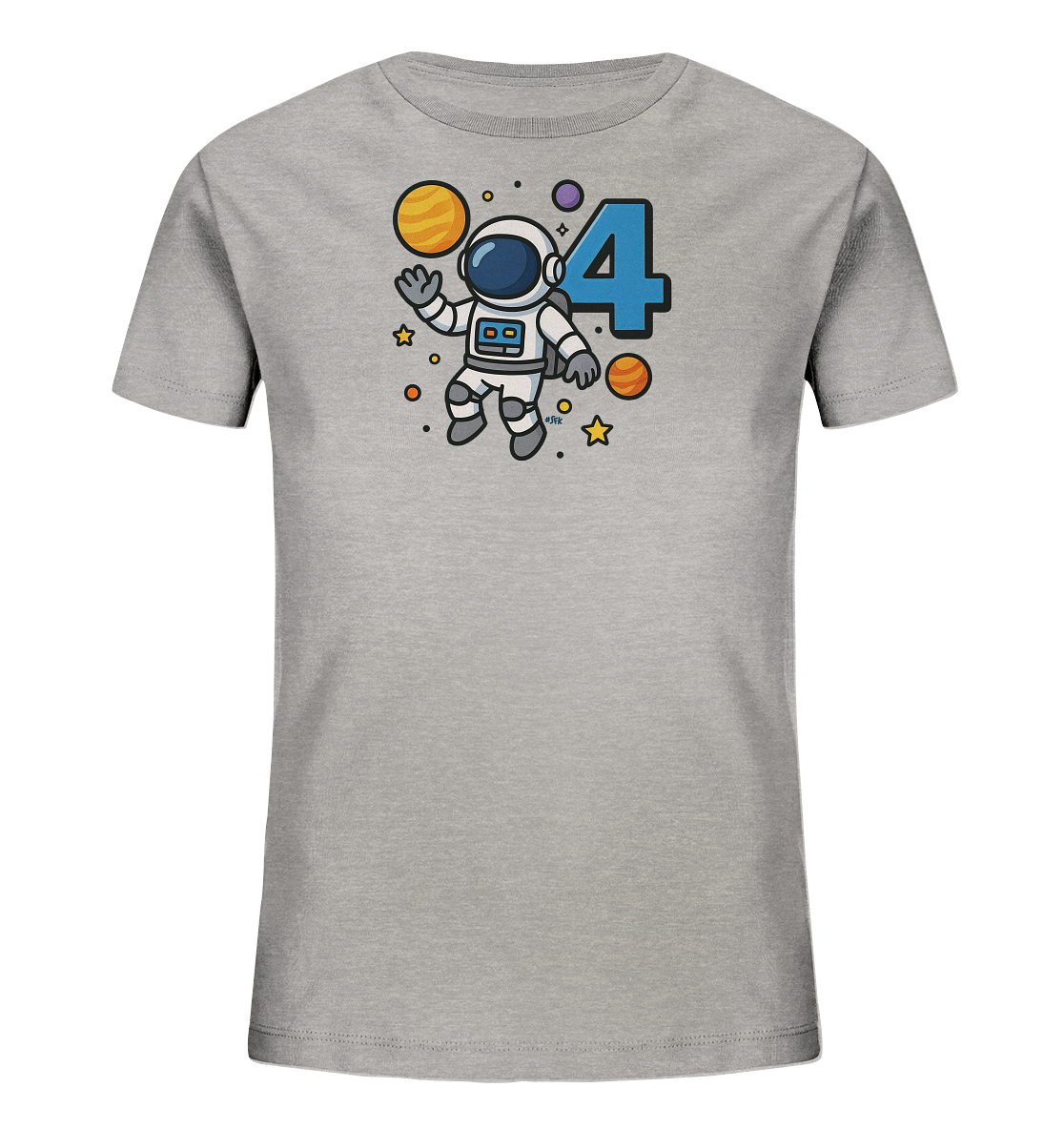 Onlineshop Shirts fuer Kinder - Das Bild zeigt ein hellgraues Kinder-T-Shirt mit einem Weltall-Motiv auf der Vorderseite. Ein freundlich winkender Astronaut schwebt neben Planeten, Sternen und Punkten. Dominant im Design ist eine grosse blaue Zahl '4'. Das Gesamtbild ist farbenfroh und kindgerecht gestaltet.