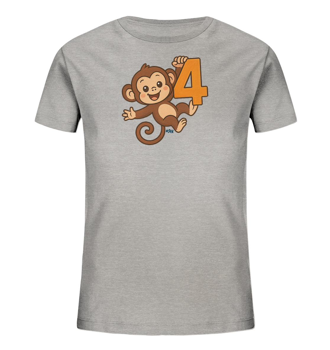 Onlineshop Shirts fuer Kinder - Das Bild zeigt ein hellgraues Kinder-T-Shirt mit einem niedlichen Cartoon-Affen. Der Affe haengt froehlich an einer grossen, orangefarbenen Zahl '4'. Das Design ist farbenfroh und wirkt sehr ansprechend und verspielt fuer Kinder.