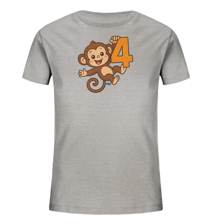 Onlineshop Shirts fuer Kinder - Das Bild zeigt ein hellgraues Kinder-T-Shirt mit einem niedlichen Cartoon-Affen. Der Affe haengt froehlich an einer grossen, orangefarbenen Zahl '4'. Das Design ist farbenfroh und wirkt sehr ansprechend und verspielt fuer Kinder.