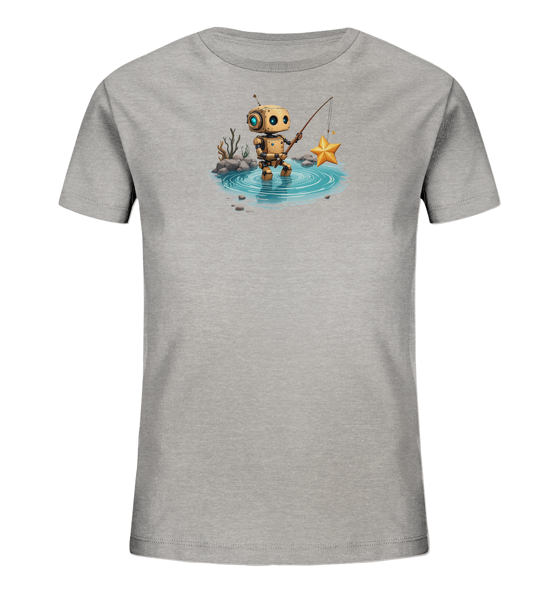 Onlineshop Shirts für Kinder - Das Bild zeigt ein graues Kinder-T-Shirt mit einem charmanten Aufdruck auf der Vorderseite. Dargestellt ist ein kleiner, goldener Cartoon-Roboter, der in einem flachen Teich steht und mit einer Angelrute einen goldenen Stern aus dem Wasser zieht. Die Szene ist mit Details wie Felsen und trockener Vegetation um den Teich herum illustriert. Der gesamte Druck ist farbenfroh und fantasievoll gestaltet und verleiht dem Shirt einen verspielten Charakter.