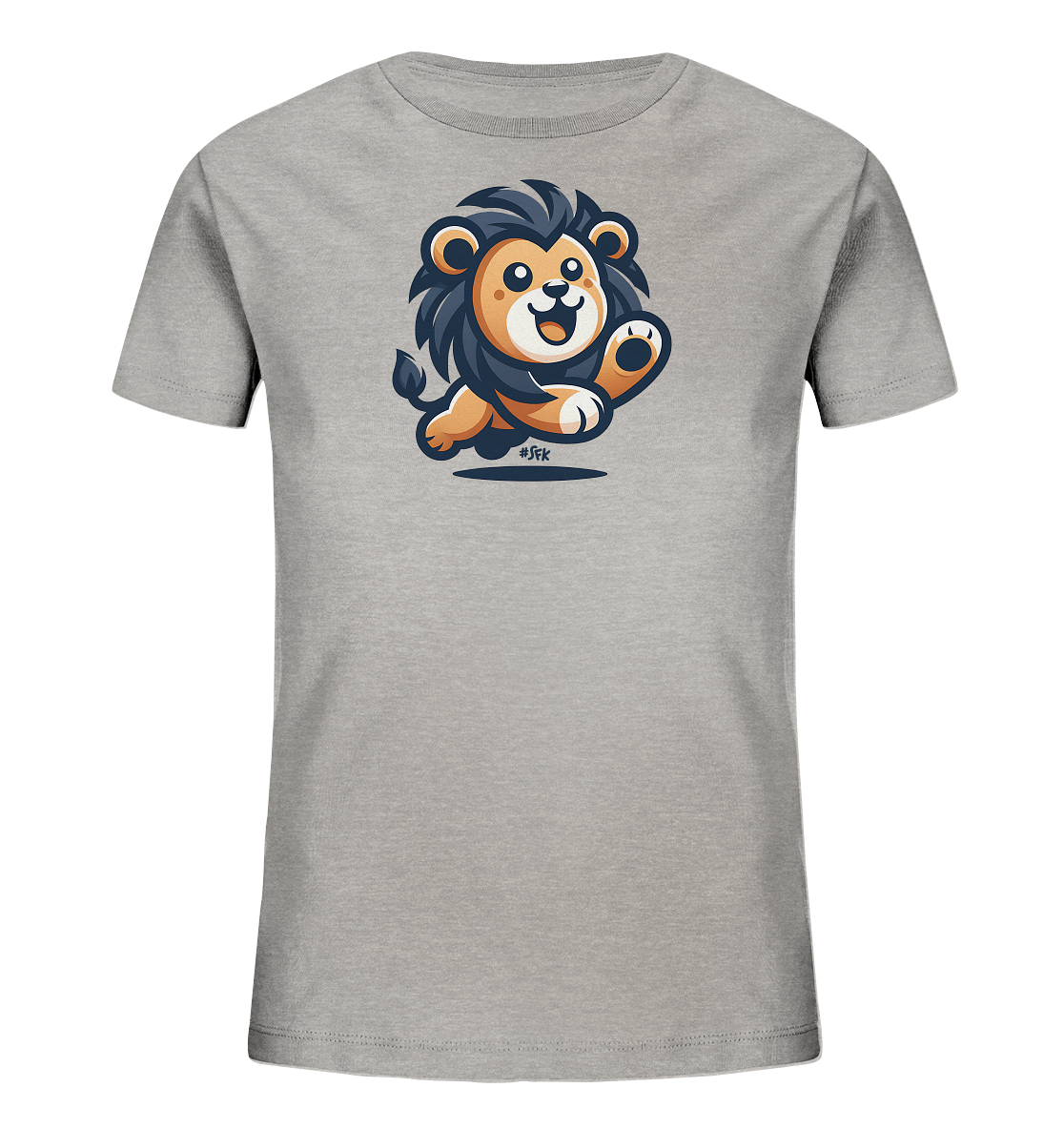 Onlineshop Shirts fuer Kinder - Dieses hellgraue Kinder-T-Shirt zeigt eine froehliche Illustration eines rennenden oder springenden Loewen. Der cartoonhafte Loewe hat ein breites Laecheln und winkt mit einer Pfote. Sein Koerper ist orangebraun, die Maehne und der Schwanz sind dunkelgrau. Das verspielte Design macht das Shirt zu einem Blickfang.