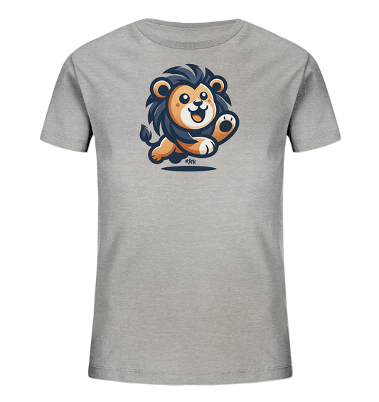 Onlineshop Shirts fuer Kinder - Dieses hellgraue Kinder-T-Shirt zeigt eine froehliche Illustration eines rennenden oder springenden Loewen. Der cartoonhafte Loewe hat ein breites Laecheln und winkt mit einer Pfote. Sein Koerper ist orangebraun, die Maehne und der Schwanz sind dunkelgrau. Das verspielte Design macht das Shirt zu einem Blickfang.