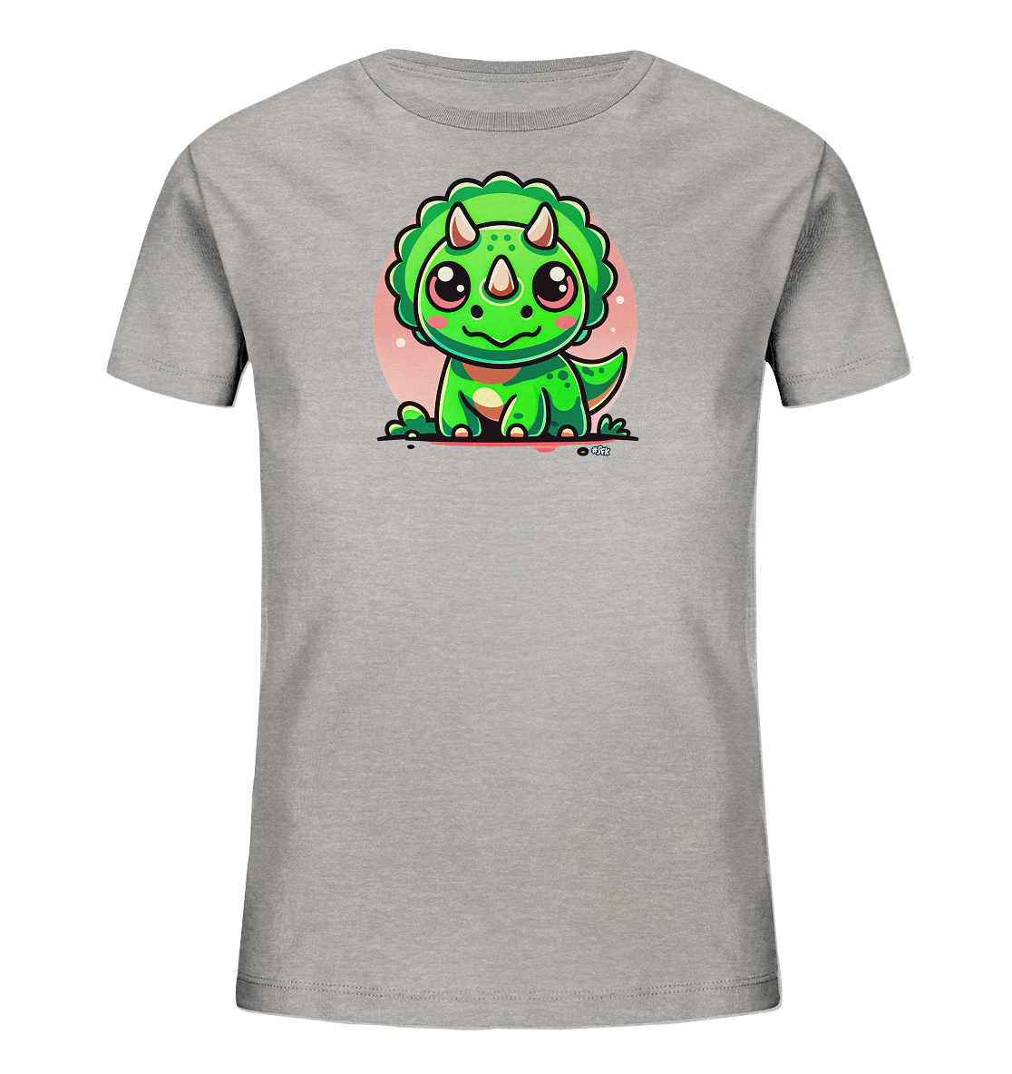 Onlineshop Shirts fuer Kinder - Das Bild zeigt ein graues Kinder-T-Shirt mit einer niedlichen Illustration eines gruenen Dinosauriers auf der Vorderseite. Der Dinosaurier im Cartoon-Stil hat grosse Augen, rosa Wangen und eine verspielte Ausstrahlung. Er sitzt vor einem hellrosa Kreis, was dem Design eine froehliche Note verleiht.