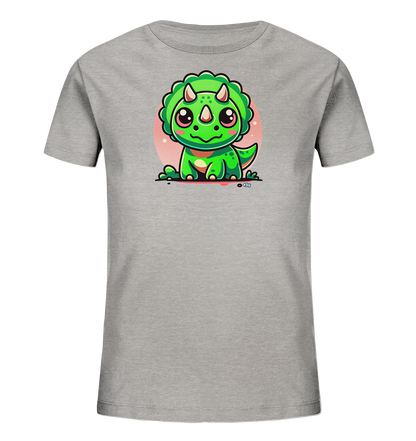 Onlineshop Shirts fuer Kinder - Das Bild zeigt ein graues Kinder-T-Shirt mit einer niedlichen Illustration eines gruenen Dinosauriers auf der Vorderseite. Der Dinosaurier im Cartoon-Stil hat grosse Augen, rosa Wangen und eine verspielte Ausstrahlung. Er sitzt vor einem hellrosa Kreis, was dem Design eine froehliche Note verleiht.
