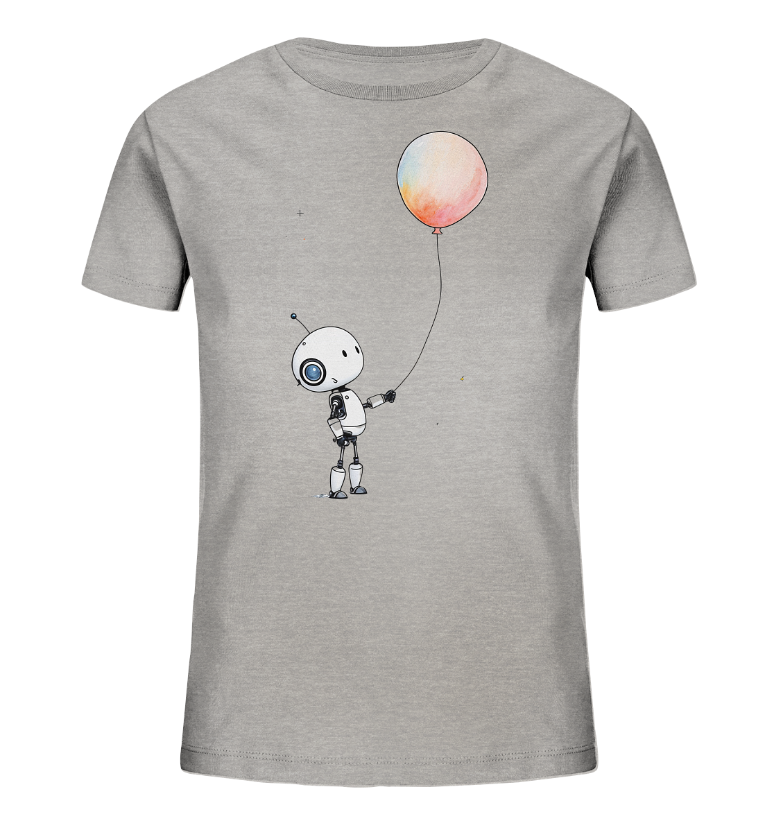 Onlineshop Shirts für Kinder - Das Bild zeigt ein graues Kinder-T-Shirt mit einem Motiv auf der Vorderseite. Zu sehen ist die Illustration eines kleinen, freundlichen Roboters, der einen bunten Ballon an einer Schnur hält. Der Ballon hat eine runde Form und eine Textur, die an Aquarell erinnert, mit Farbtönen wie Orange, Rosa, Gelb und Blau. Der Roboter im Cartoon-Stil hat große Augen und eine Antenne, was dem Design einen verspielten Charakter verleiht.