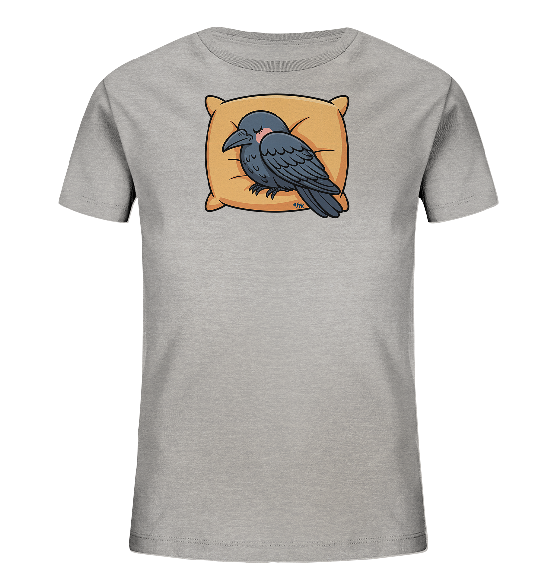 Onlineshop Shirts fuer Kinder - Das Bild zeigt ein hellgraues Kinder-T-Shirt mit einem niedlichen Motiv eines schlafenden Vogels. Der dunkelgraue Vogel ruht gemuetlich auf einem beigefarbenen Kissen, mit geschlossenen Augen und leicht rosigen Wangen. Das Design strahlt Ruhe und Gemuetlichkeit aus und ist ansprechend fuer Kinder.