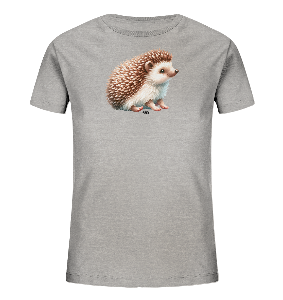 Onlineshop Shirts fuer Kinder - Das Bild zeigt ein graues T-Shirt fuer Kinder mit einer Grafik eines Igels auf der Vorderseite. Der Igel ist detailliert dargestellt, sitzt aufrecht und blickt nach rechts. Seine braunen Stacheln und hellen Koerperpartien sind sichtbar.