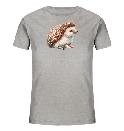 Onlineshop Shirts fuer Kinder - Das Bild zeigt ein graues T-Shirt fuer Kinder mit einer Grafik eines Igels auf der Vorderseite. Der Igel ist detailliert dargestellt, sitzt aufrecht und blickt nach rechts. Seine braunen Stacheln und hellen Koerperpartien sind sichtbar.