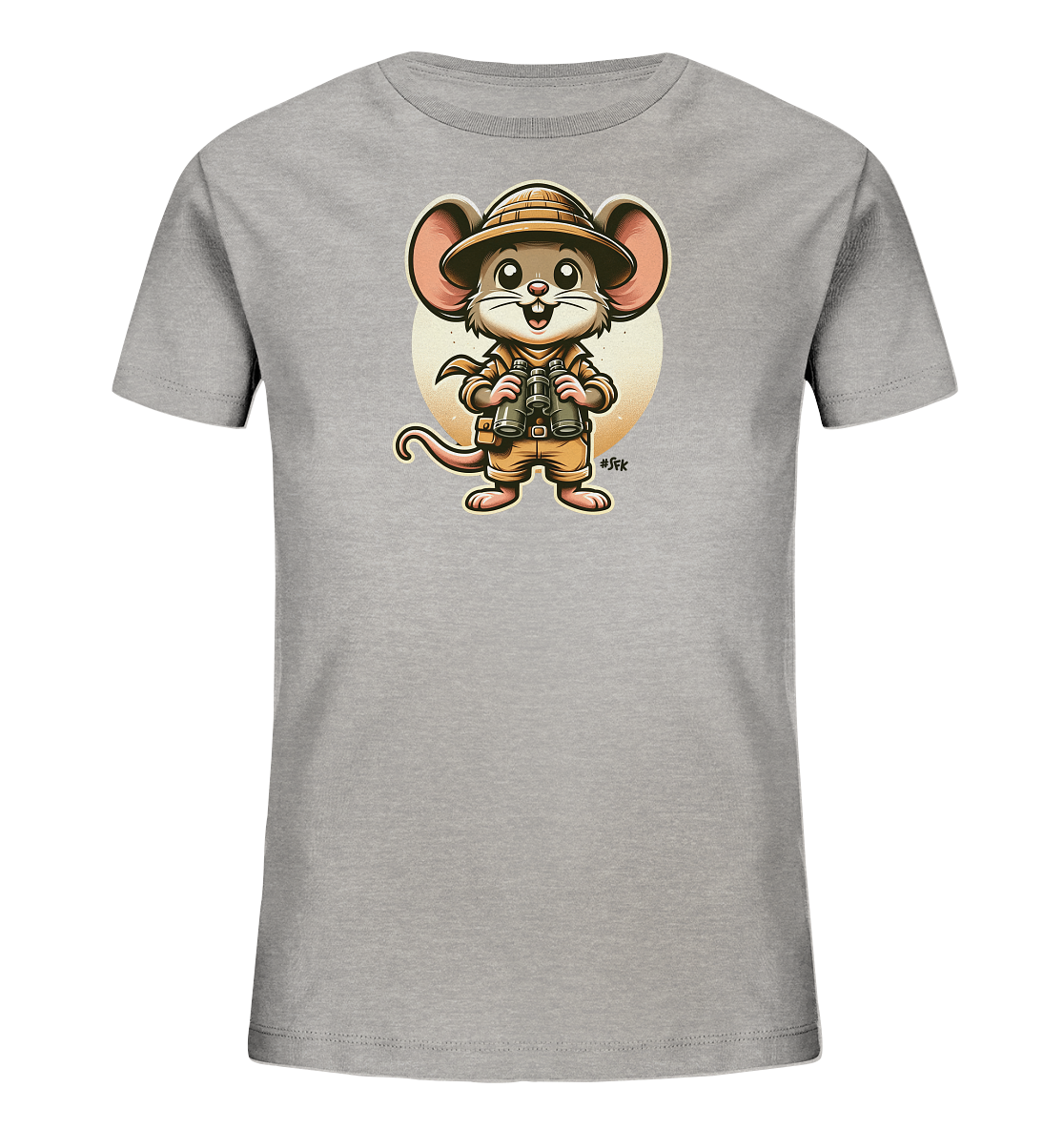 Onlineshop Shirts fuer Kinder - Das Bild zeigt ein graues T-Shirt mit einem niedlichen Cartoon-Motiv. Eine lachende Maus traegt einen Abenteurerhut und haelt ein Fernglas. Sie steht vor einem hellen Kreis, der wie die Sonne aussieht. Das Design wirkt froehlich und verspielt, ideal fuer kleine Entdecker.