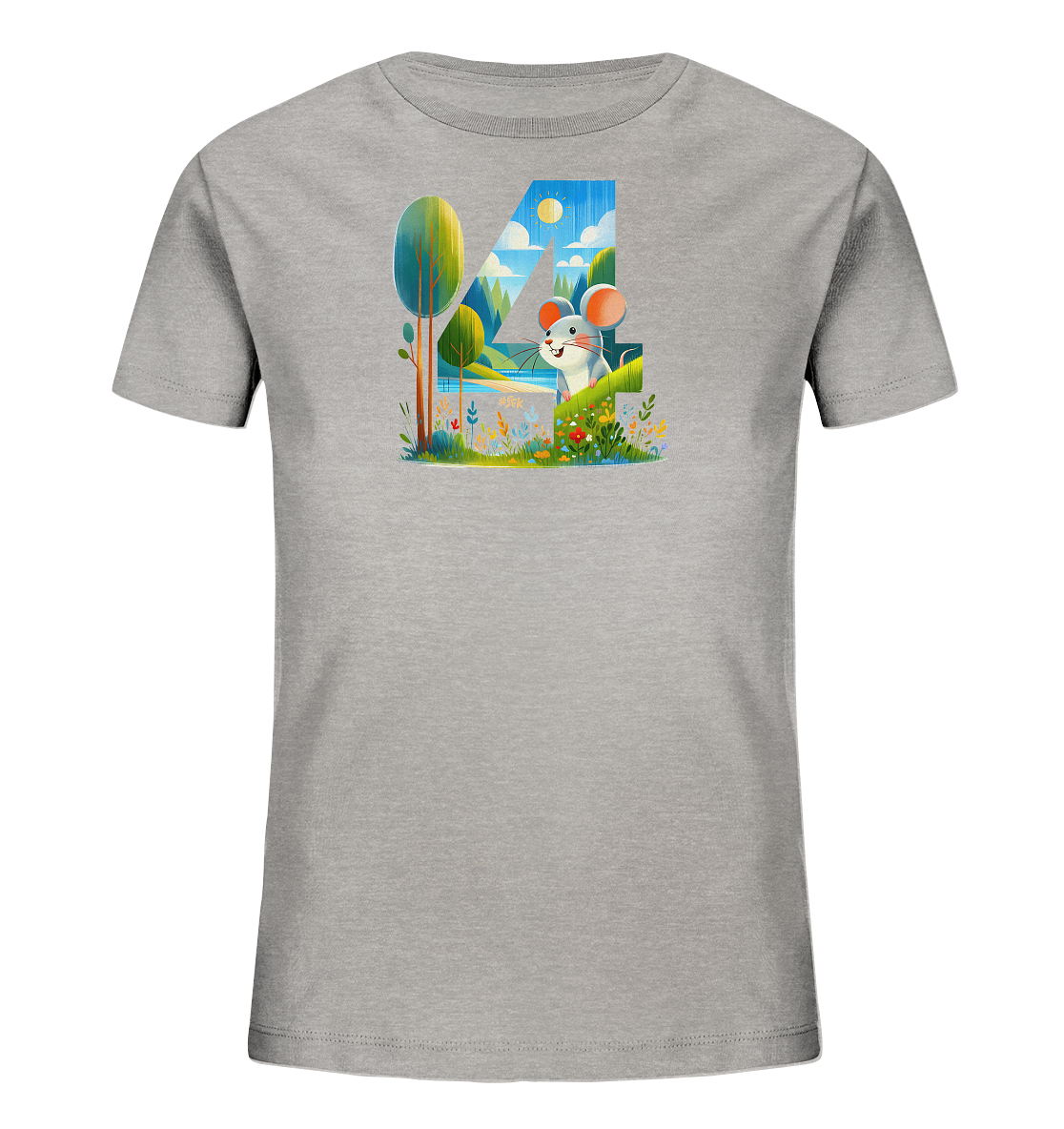 Onlineshop Shirts fuer Kinder - Das Bild zeigt ein graues Kinder-T-Shirt mit einem grossen, grafischen Aufdruck. Der Aufdruck bildet die Zahl '4' in Form einer idyllischen Landschaft mit Baeumen, Fluss, Bergen und Himmel ab. Im Vordergrund der Landschaft sitzt eine freundliche Cartoon-Maus in einer Blumenwiese. Das Design wirkt detailreich und naturnah.